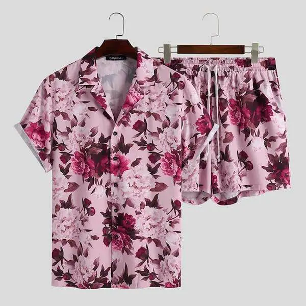gay gifts for him - Pink Rose Short Sleeve Shirt + Shorts (2 Piece Outfit) Festival Outfit