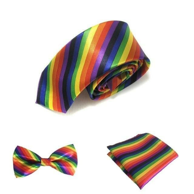 Colourful Rainbow Tie + Bowtie + Hanky (3 Piece Set)