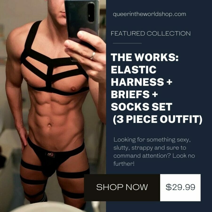 The Works: Elastic Harness + Briefs + Socks Set On Sale Now At Queer In The World Shop