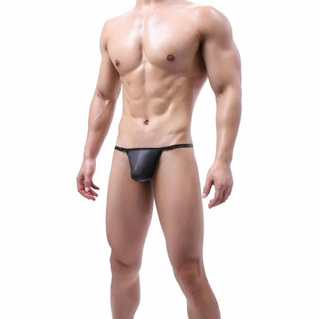 Black PU Leather Buckle-Up Thong - men lingerie gay