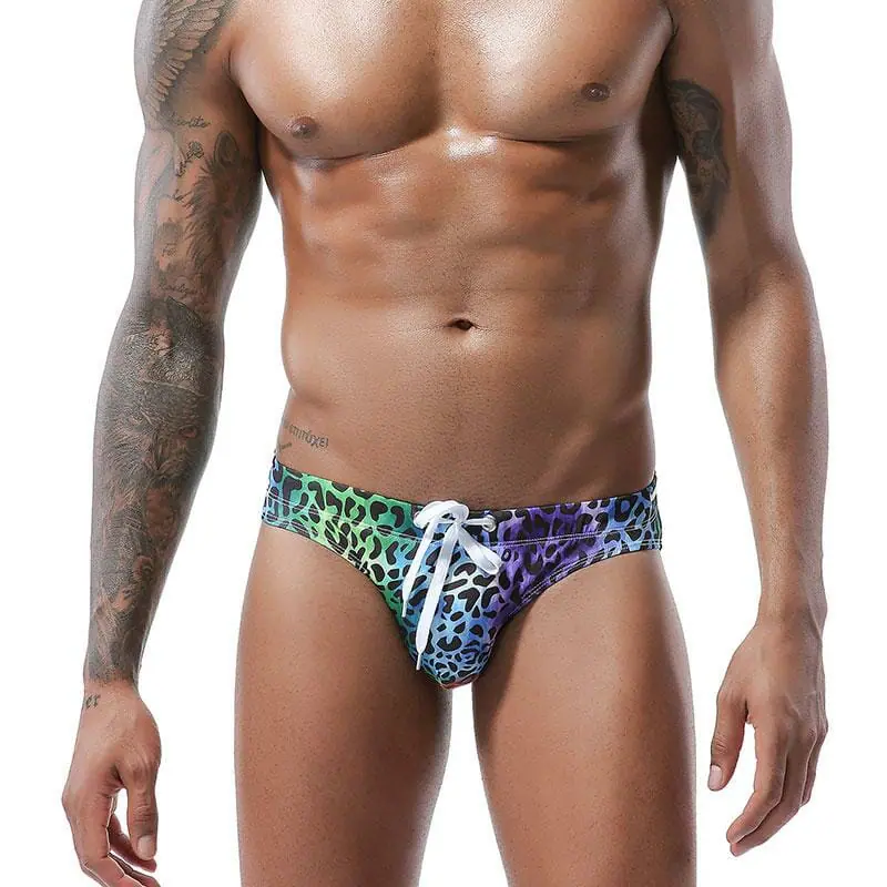 Rainbow Leopard Print Swimmers - gay mens bathing suits