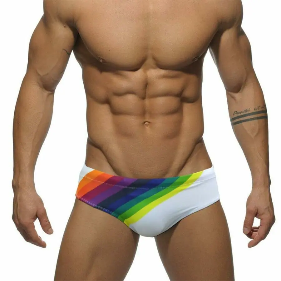 Rainbow Striped Swimmers - gay bathing suits