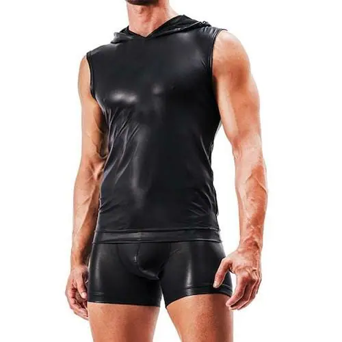 Leather Mens Tank Top With Hood + Sexy Shorts - gay club wear