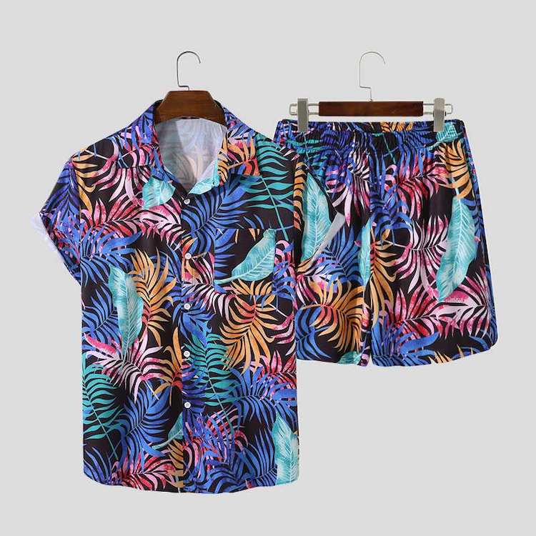 festival attire male - Vibrant Ferns Short Sleeve Shirt + Shorts (2 Piece Outfit)