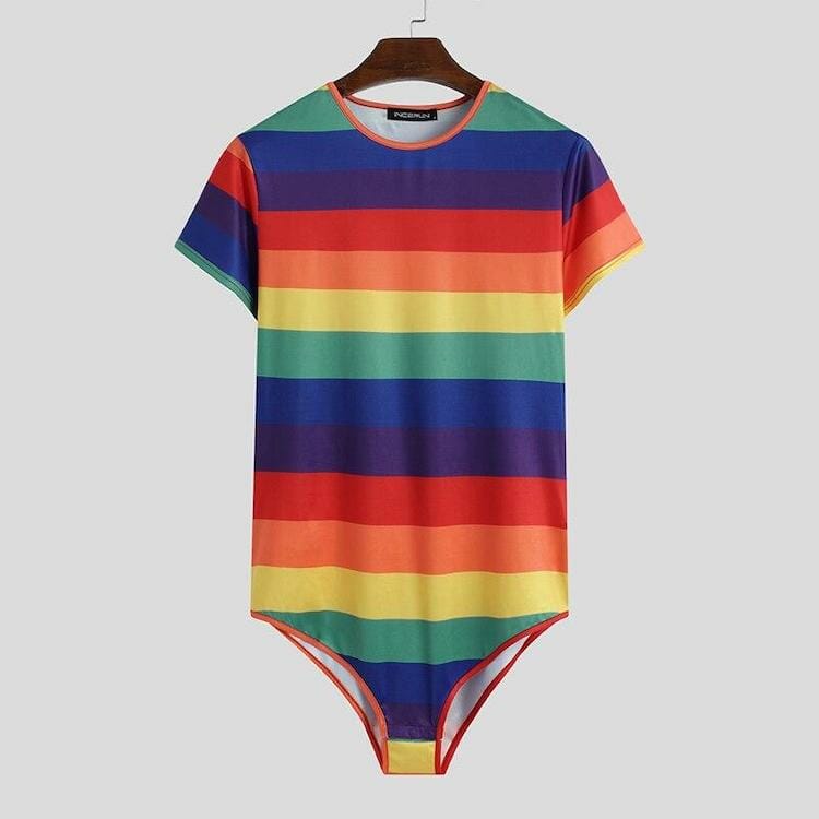 gay guys clothes - Colourful Rainbow Striped Bodysuit
