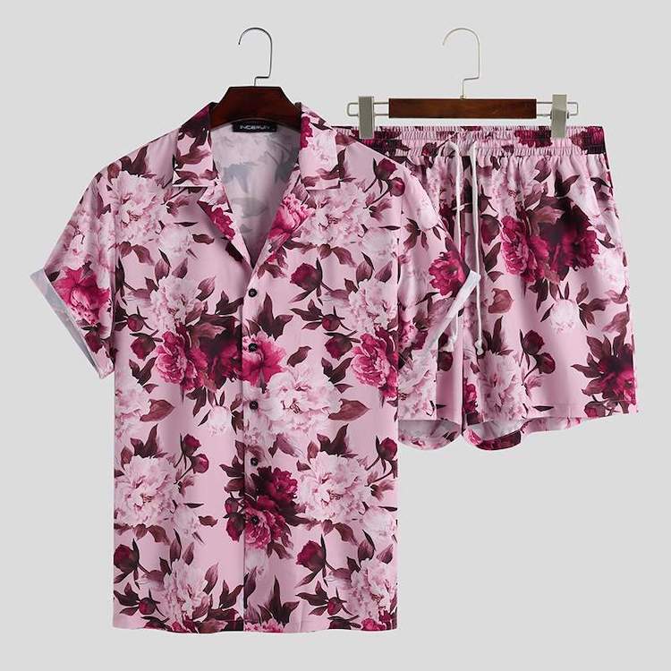 male festival costume - Pink Rose Short Sleeve Shirt + Shorts (2 Piece Outfit)