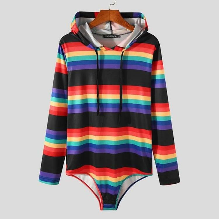 male festival costume - Rainbow Striped Hooded Bodysuit