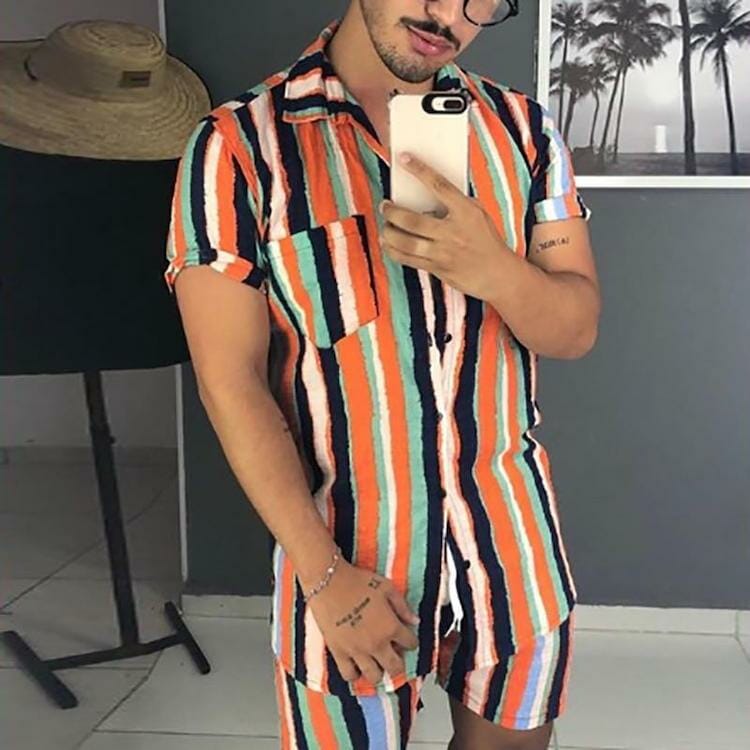 male festival outfits -Festival Stripes Short Sleeve Shirt + Shorts (2 Piece Outfit)