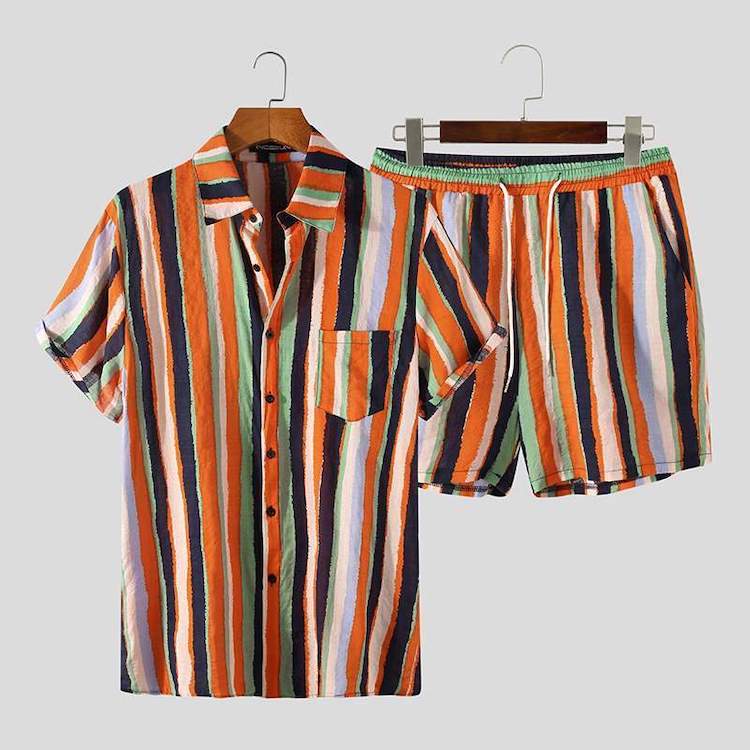 male festival outfits - Festival Stripes Short Sleeve Shirt + Shorts (2 Piece Outfit)