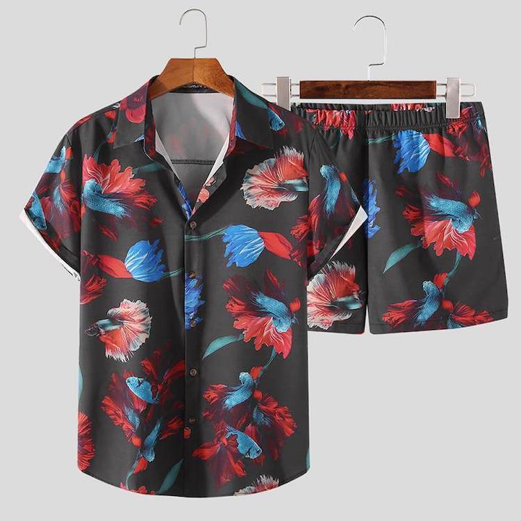 male festival outfits - Flamenco Fish Short Sleeve Shirt + Shorts (2 Piece Outfit)
