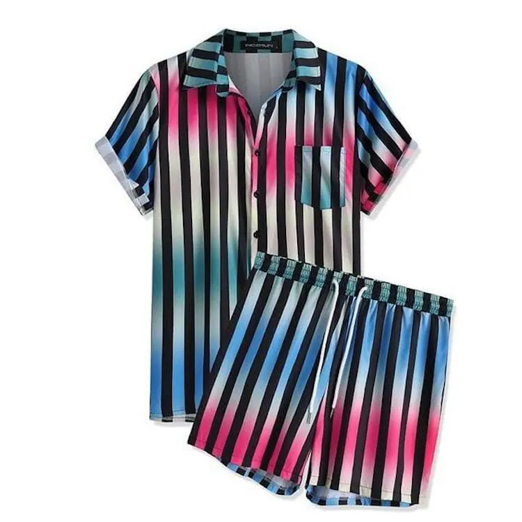 male festival outfits - Gradient Striped Short Sleeve Shirt + Shorts (2 Piece Outfit)