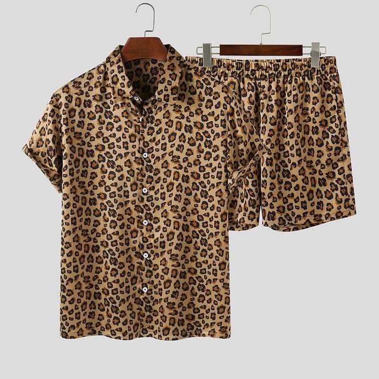 male festival outfits - Leopard Print Short Sleeve Shirt + Shorts (2 Piece Outfit)