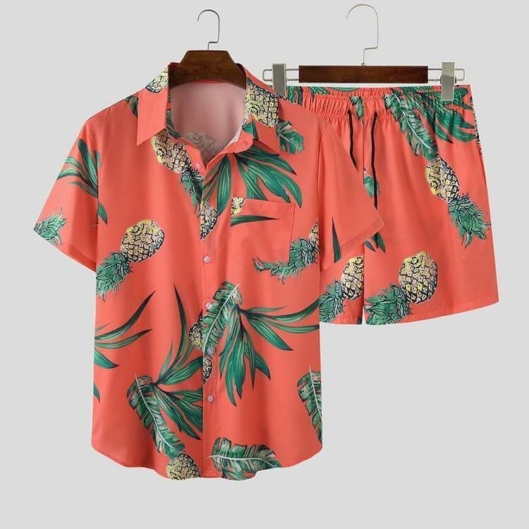 male festival outfits - Pineapple Short Sleeve Shirt + Shorts (2 Piece Outfit)