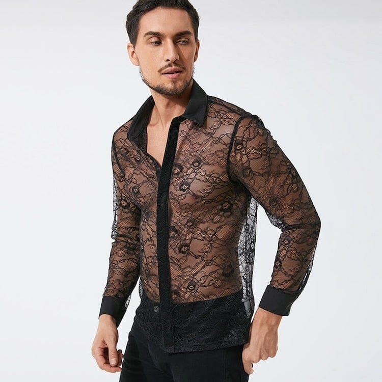 Black Lace See Through Long Sleeve Shirt - gay clothing