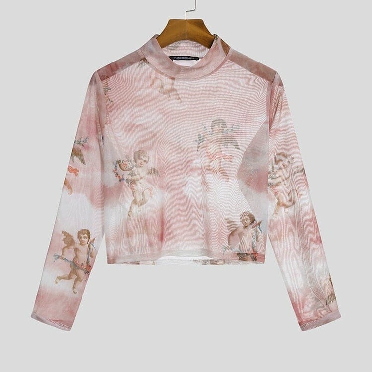 Floral Pink Mesh Long Sleeve Crop Top - gay clothing