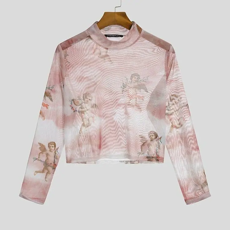 Floral Pink Mesh Long Sleeve Crop Top - gay clothing
