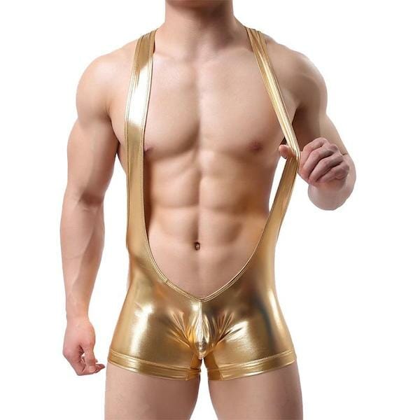 Gold PU Leather Bodysuit - gay bodysuit