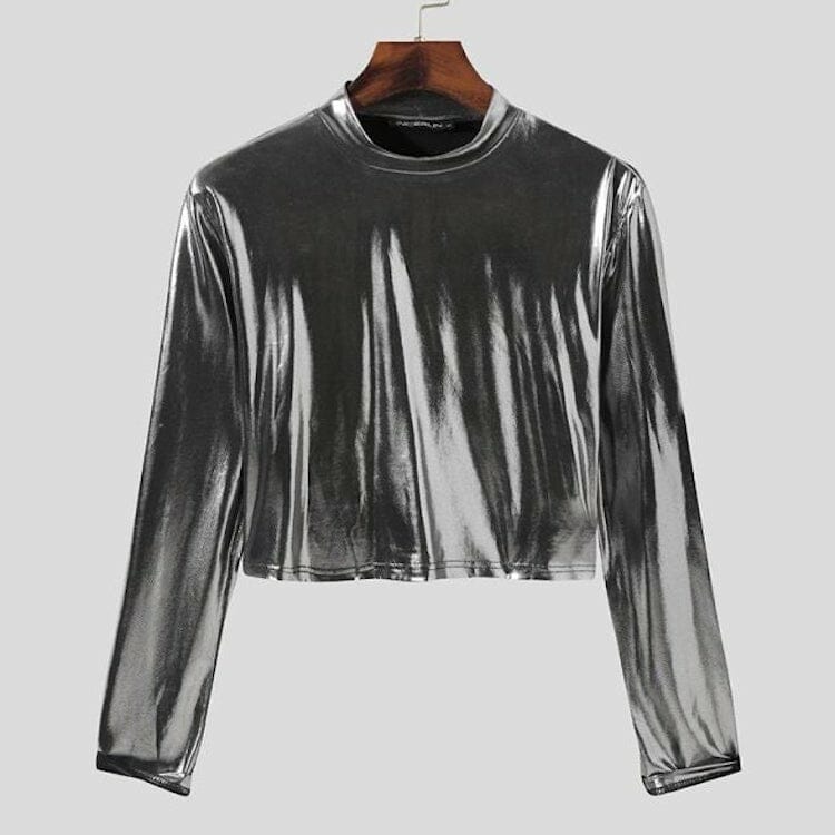 Shiny Long Sleeve Crop Top - gay clothing