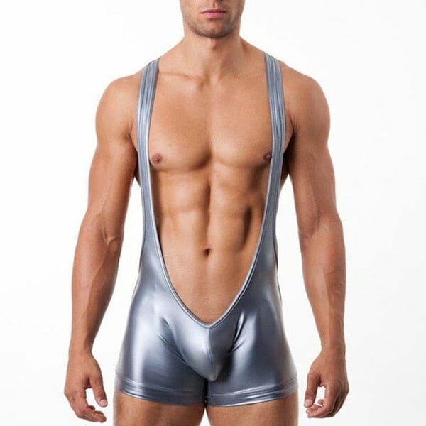 Silver PU Leather Bodysuit - gay bodysuit