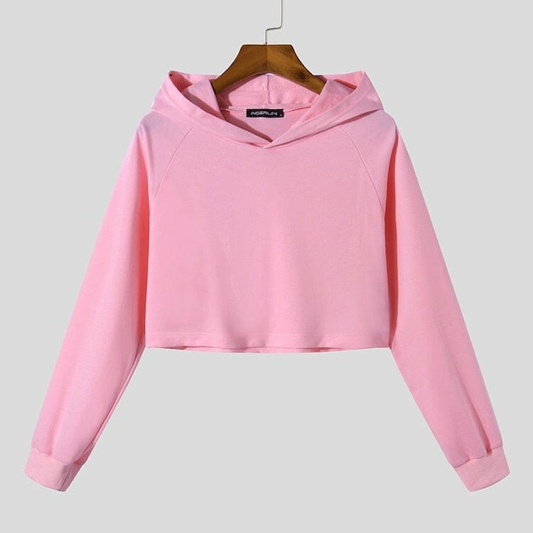 Solid Color Hooded Long Sleeve Crop Top - gay clothing