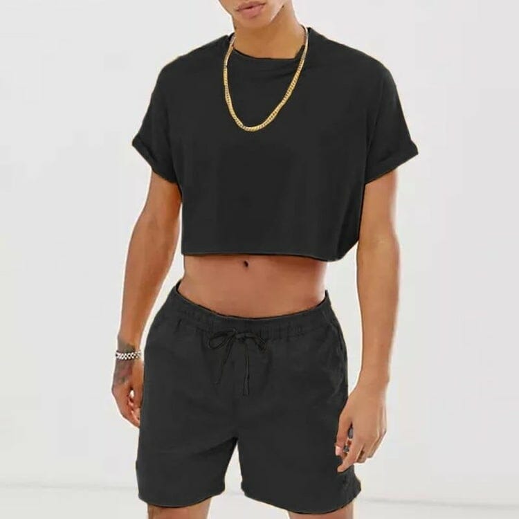 Solid Colour Crop Top + Shorts (2 Piece Outfit) - gay clothing