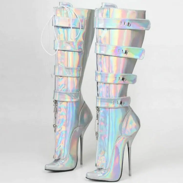 Neon Silver Mid Calf Heel Boots - Best Gay boots