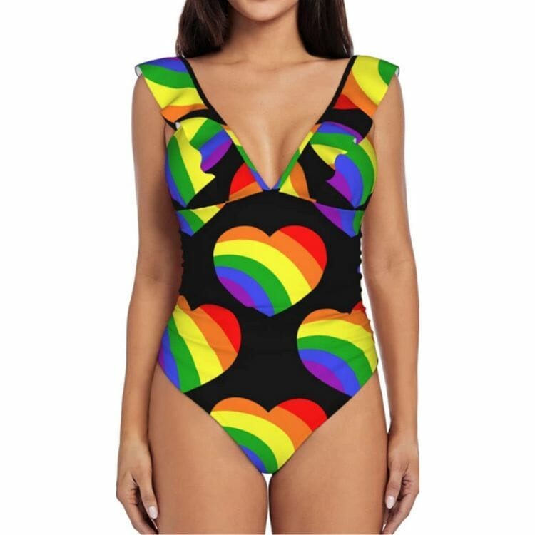 Rainbow Hearts Ruffle One Piece Swimsuit