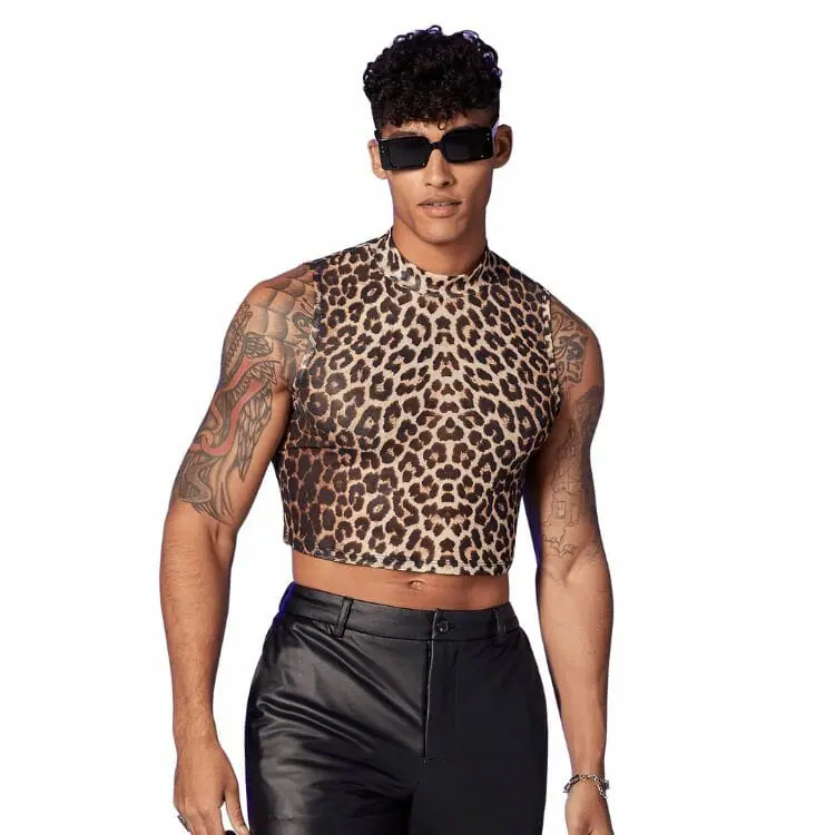 Men's Leopard Print Sleeveless Fit Crop Tank Top Large