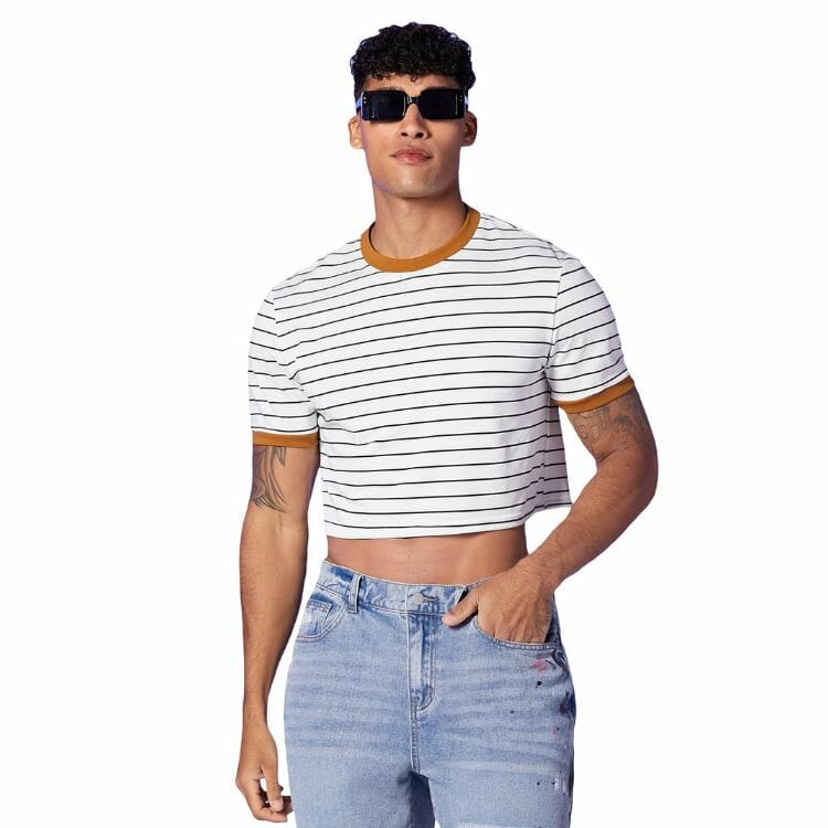 Men's Striped T Shirt Crop Top Small White